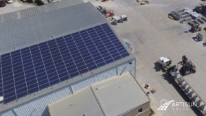 Angled aerial shot of Artisun Solar project on Champion Precast roof.