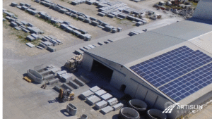 Angled aerial shot of Artisun Solar project on Champion Precast roof.
