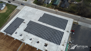 Overhead shot of Artisun Solar project at Polysol Polymers rooftop.