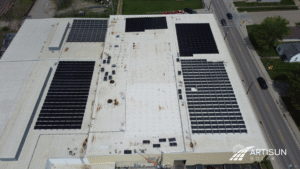 Top-down view of multiple Artisun Solar arrays on Polysol Polymers roof.