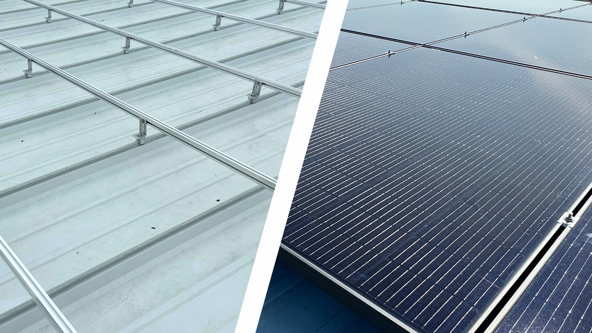 Before and after image of a rooftop solar panel installation by Artisun Solar, showing metal roof with racking system and completed solar array