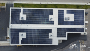 Top-down view of complex Artisun Solar panel layout on Storm Products roof.