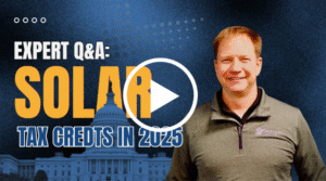 Expert discusses 2025 solar tax credits, featuring Artisun Solar Founder Kirk Kreisel, Capitol building, and play icon.