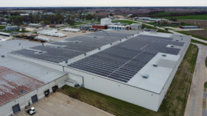 Aerial view of the 1.9 MW Artisun Solar rooftop installation at Hubbell Power Systems in Centralia, MO.