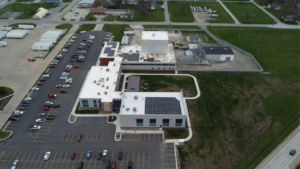 Solar panel arrays on Hubbell Power Systems office and production buildings in Centralia, Missouri.