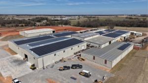 Commercial solar panels installed on the roof of Central Expanded Metal in Chandler, Oklahoma.
