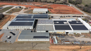 Aerial footprint of the 1,718 panel commercial solar array by Artisun Solar in Chandler, Oklahoma.
