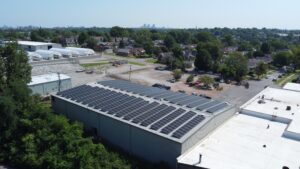 An overhead view of the 188.8 kW (DC) rooftop solar array installed at Car-Anth Manufacturing.