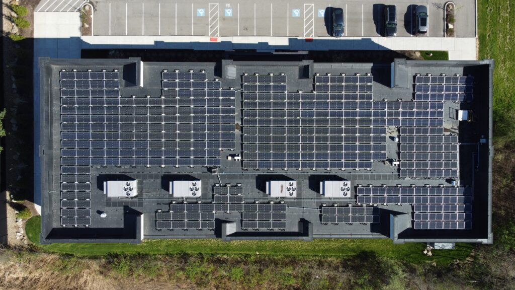 A direct view of the 141.5 kW (DC) solar array that consists of 343 solar panels.