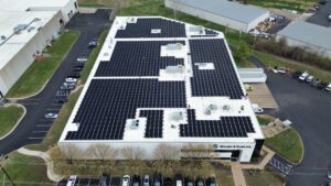 Front facade view of a 400 kW (AC) Ameren utility-connected rooftop solar energy system in Arnold, MO.