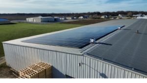 Commercial rooftop solar panels installed by Artisun Solar at Botkin Lumber in Taylorville, Illinois.