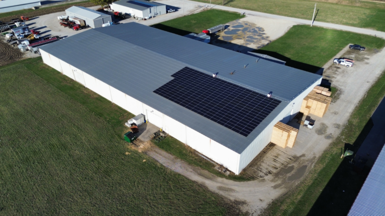 Full aerial facility view of the Artisun Solar project at Botkin Lumber Company in Taylorville, Illinois.