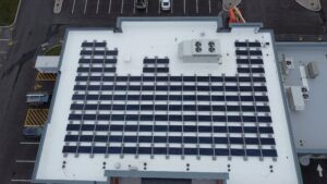 Aerial view of the 50 kW (DC) rooftop solar array at Bank of Franklin County in Washington, MO.