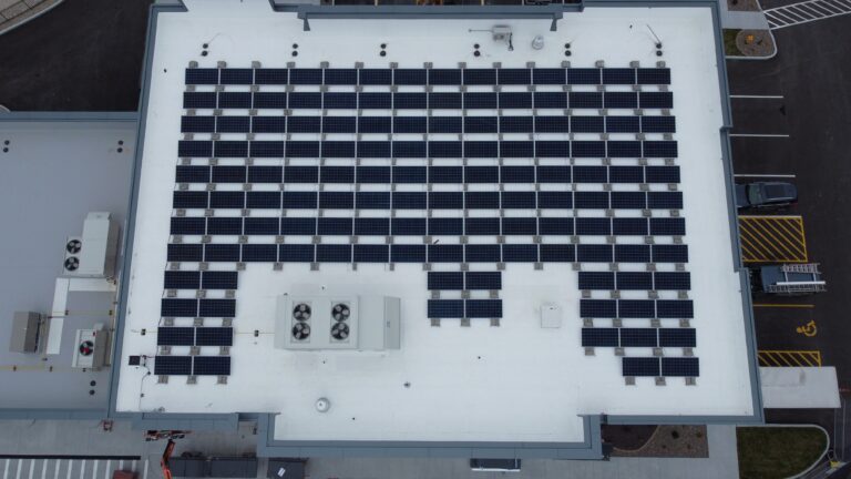 135-panel rooftop solar installation at Bank of Franklin County, offsetting 46.91% of facility electricity use.