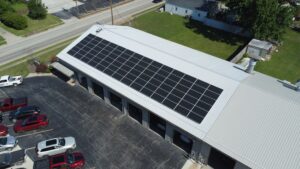 A rooftop view of the solar array connected to the Ameren Illinois grid at Body Builders Collision & Glass in Robinson, IL.