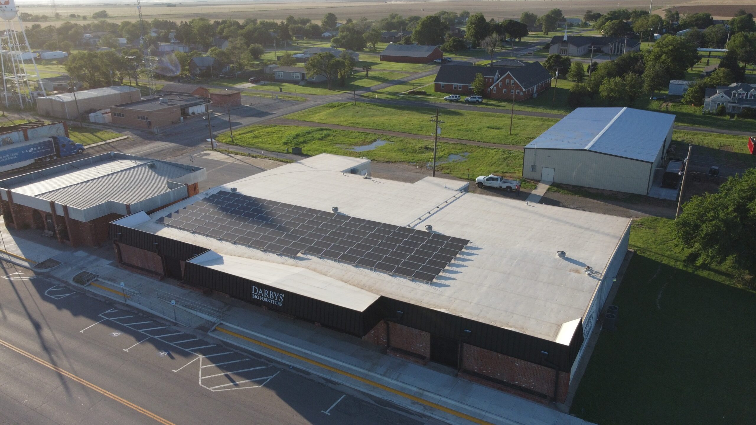 Rooftop solar installation at Darby's Big Furniture in Duke, OK, with a payback period of under one year.