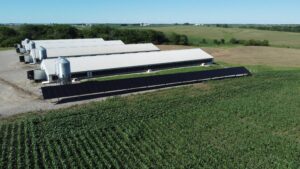 Ground-mount solar array of 106 panels in front of the farm barns at Judson Vos in Sully, IA.