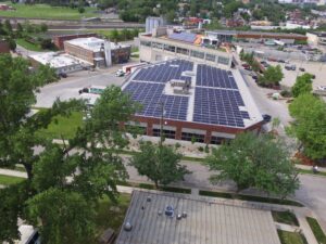 Close-up of 199.8 kW rooftop solar panels at Boulevard Brewing Company, Kansas City, MO, offsetting a significant portion of the brewery's annual energy consumption