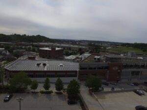 Street-level view of Boulevard Brewing Company with 540-panel rooftop solar installation, Kansas City, MO