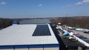 Aerial view of the 105-panel rooftop solar array at Dri-Port Marine in O'Fallon, MO.