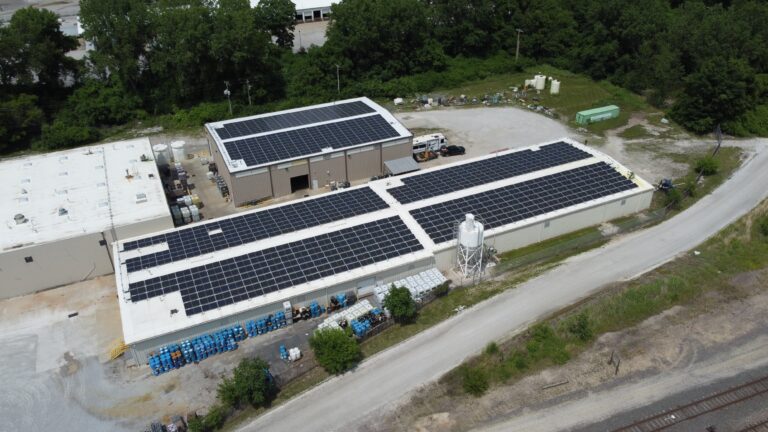 Aerial view of the Artisun Solar rooftop installation at IodiTech connected to the Evergy utility grid.